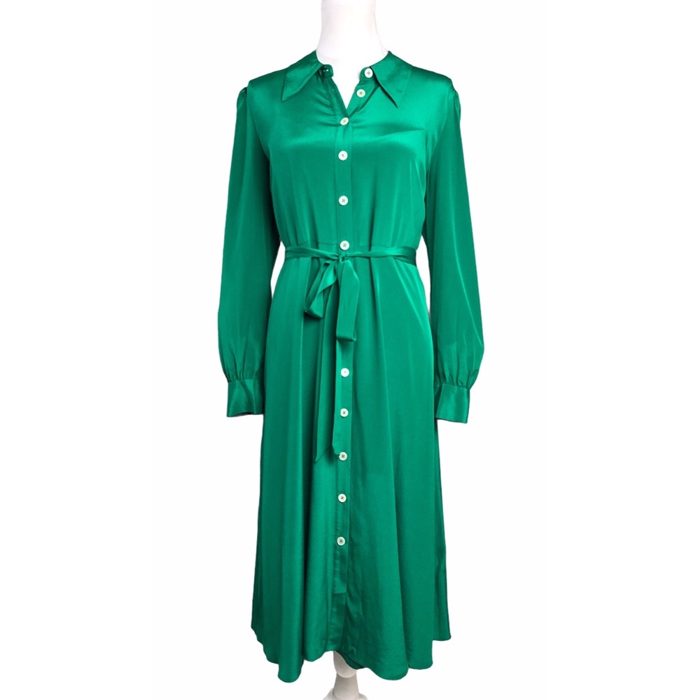 LK Bennett Silk Dress- Runa green button front Long Sleeve midi Shirt Dress - Picture 3 of 8